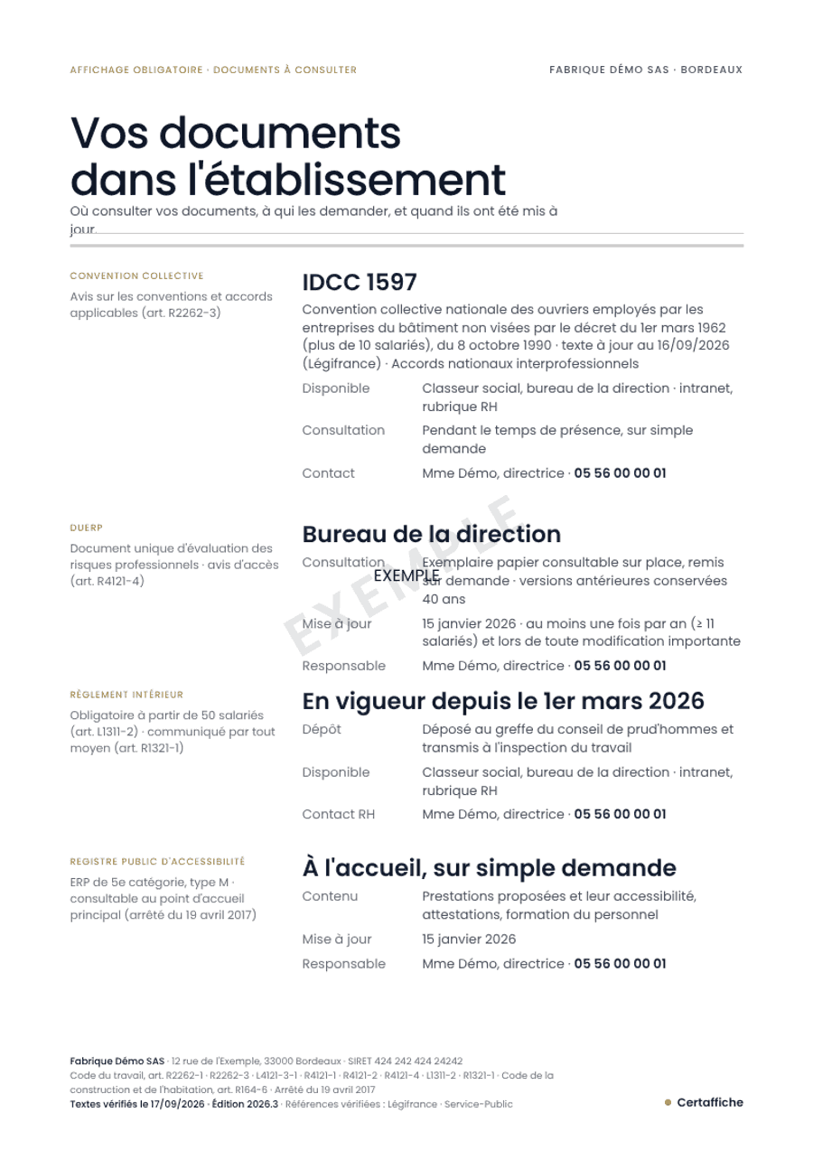 Affiche « Vos documents dans l'établissement » : avis d'accès au DUERP