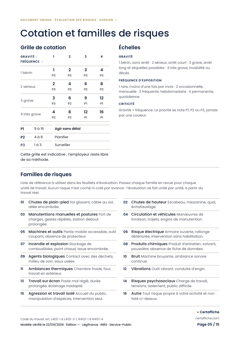 Page 5 du modèle : cotation et familles de risques