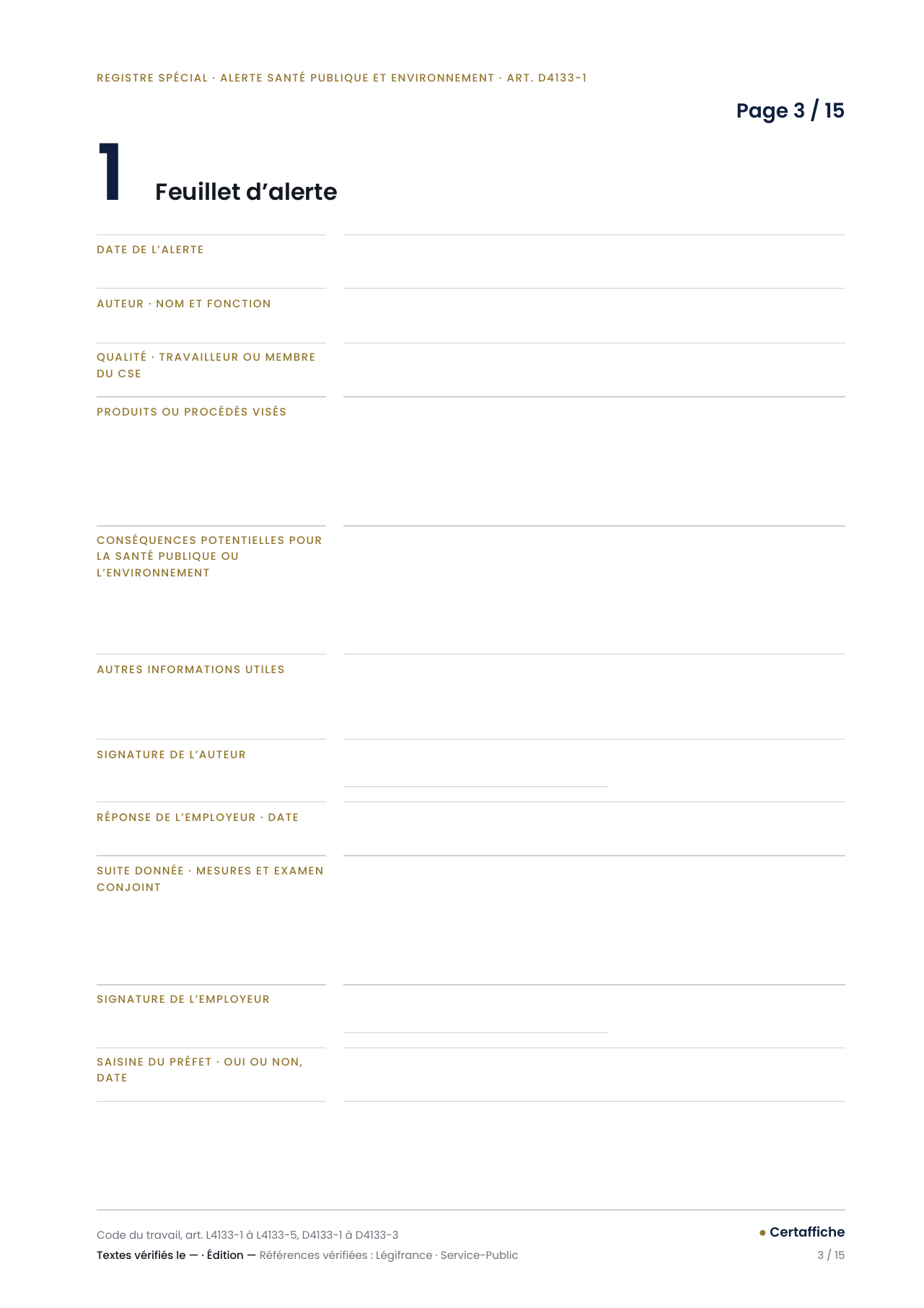 Registre des alertes santé publique et environnement, page 3 : premier feuillet d'alerte numéroté, colonnes alerte et réponse de l'employeur