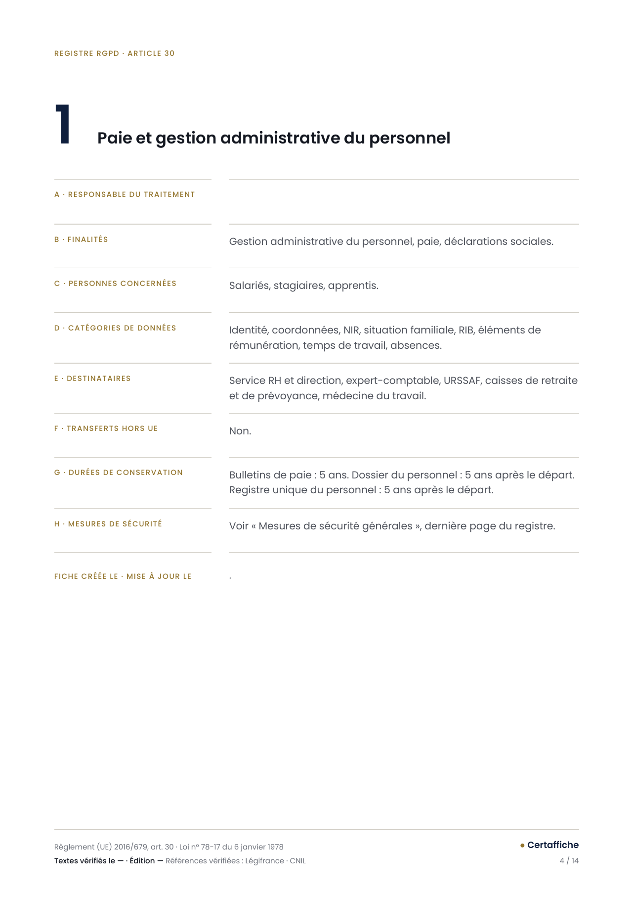 Registre RGPD, page 4 : fiche de traitement vierge, colonnes finalité, catégories de données, destinataires et durée de conservation