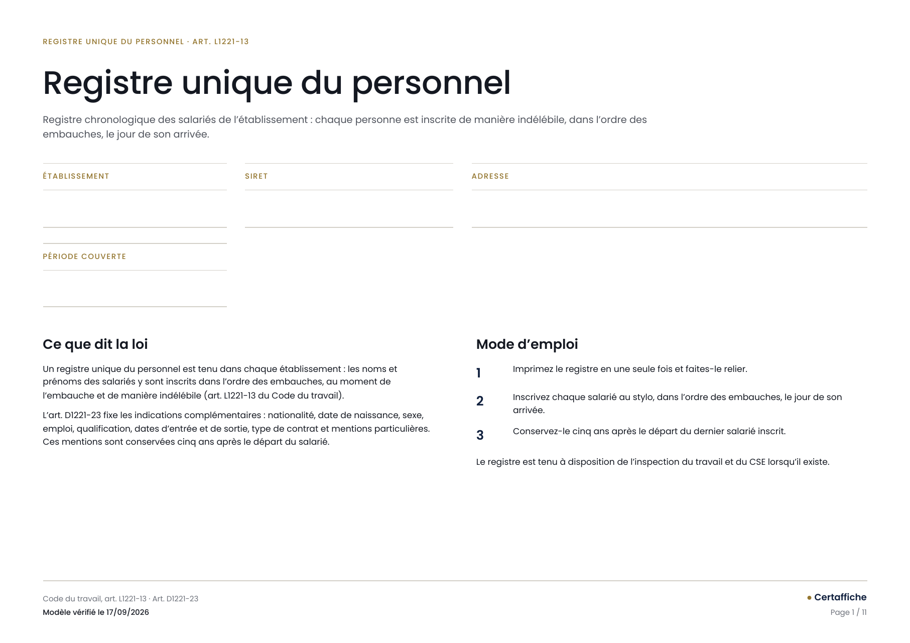 Registre unique du personnel, page 1 : page de garde du registre