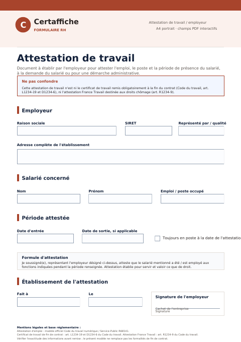 Aperçu du modèle Attestation de travail / attestation employeur