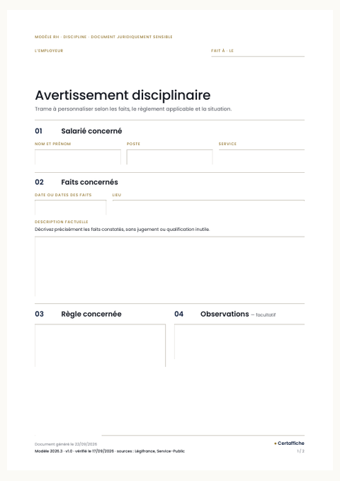 Aperçu du modèle Avertissement disciplinaire