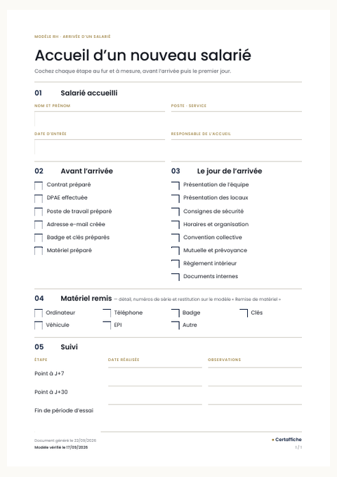 Aperçu du modèle Checklist d'accueil d'un nouveau salarié