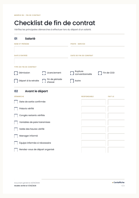 Aperçu du modèle Checklist de fin de contrat