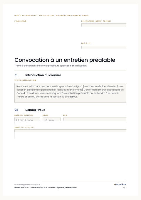 Aperçu du modèle Convocation à un entretien préalable