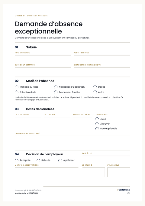 Aperçu du modèle Demande d'absence exceptionnelle