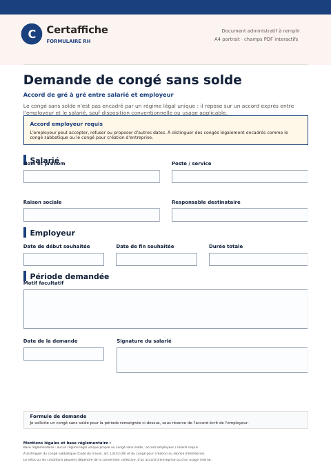 Aperçu du modèle Demande de congé sans solde