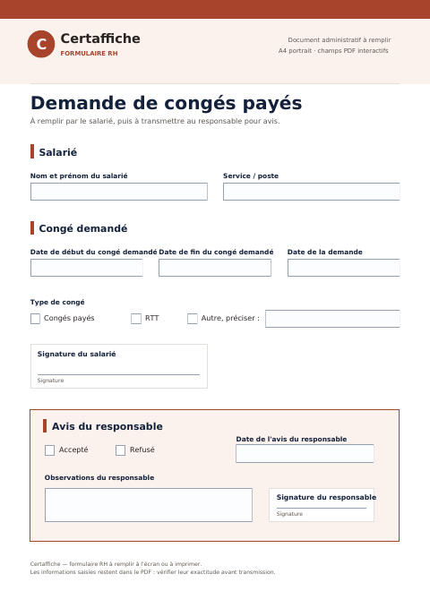 Aperçu du modèle Demande de congés payés