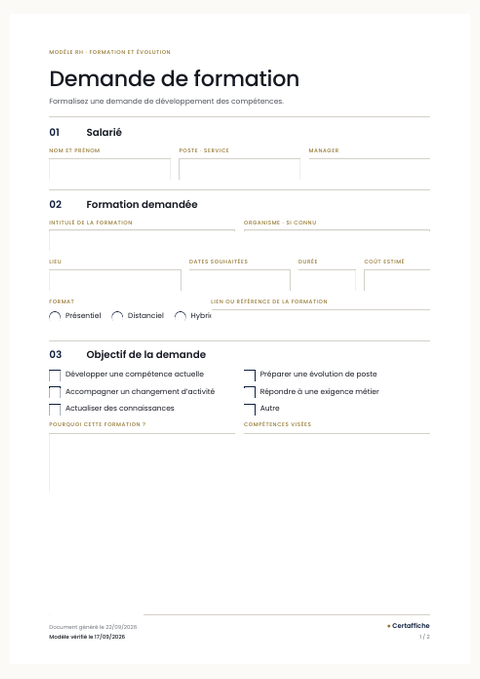 Aperçu du modèle Demande de formation