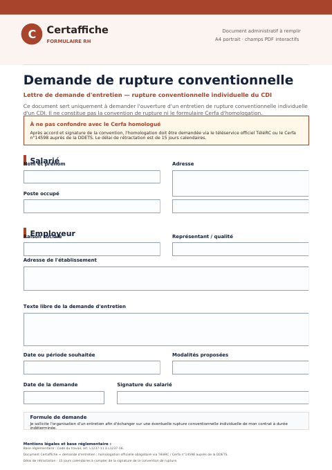 Aperçu du modèle Demande de rupture conventionnelle
