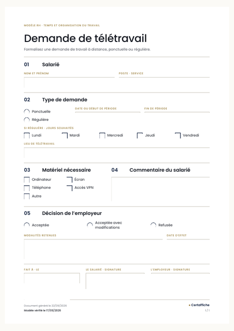 Aperçu du modèle Demande de télétravail