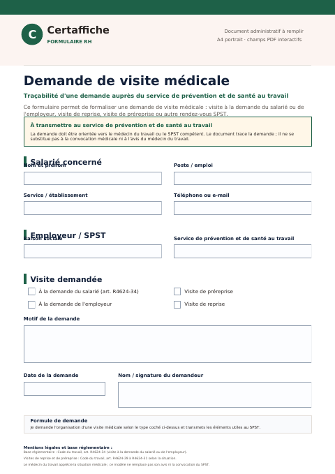 Aperçu du modèle Demande de visite médicale