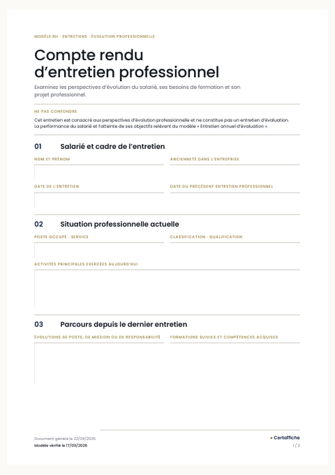 Aperçu du modèle Compte rendu d'entretien professionnel
