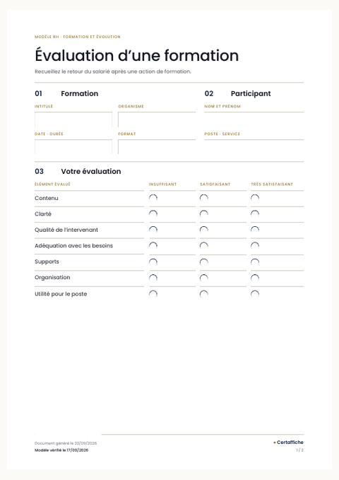 Aperçu du modèle Évaluation d'une formation