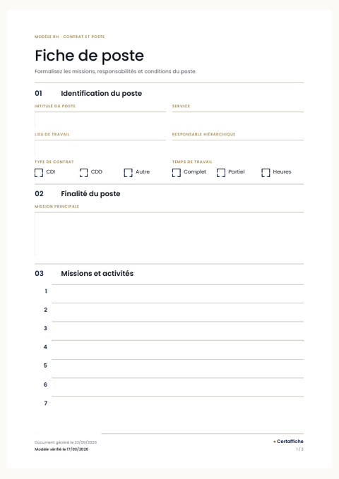 Aperçu du modèle Fiche de poste