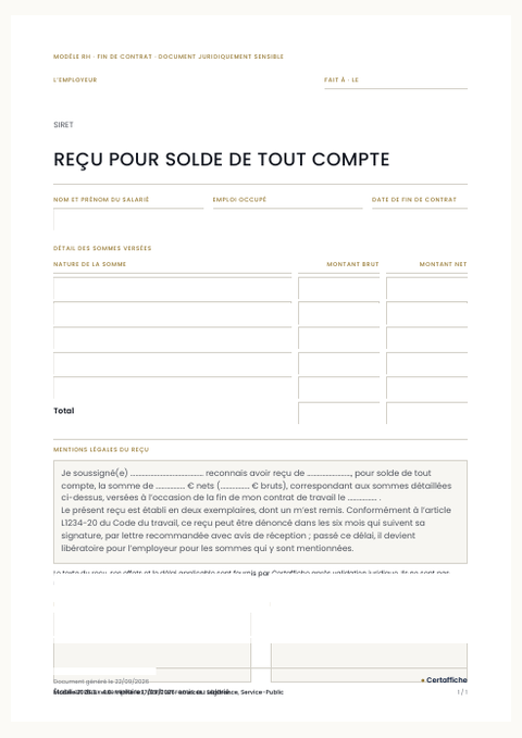 Aperçu du modèle Reçu pour solde de tout compte