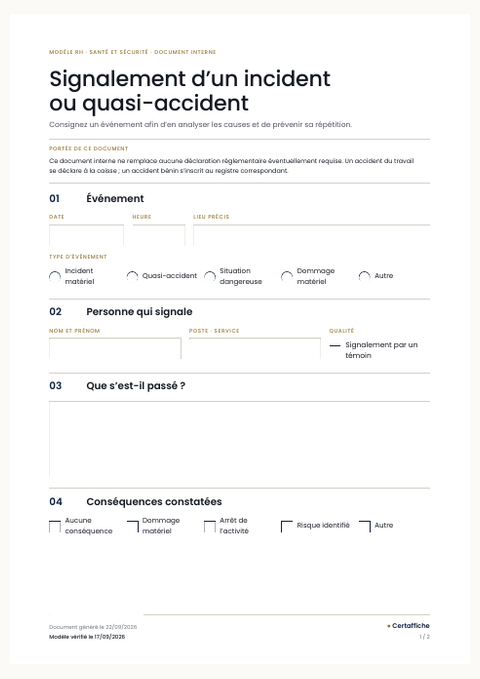 Aperçu du modèle Signalement d'un incident ou quasi-accident