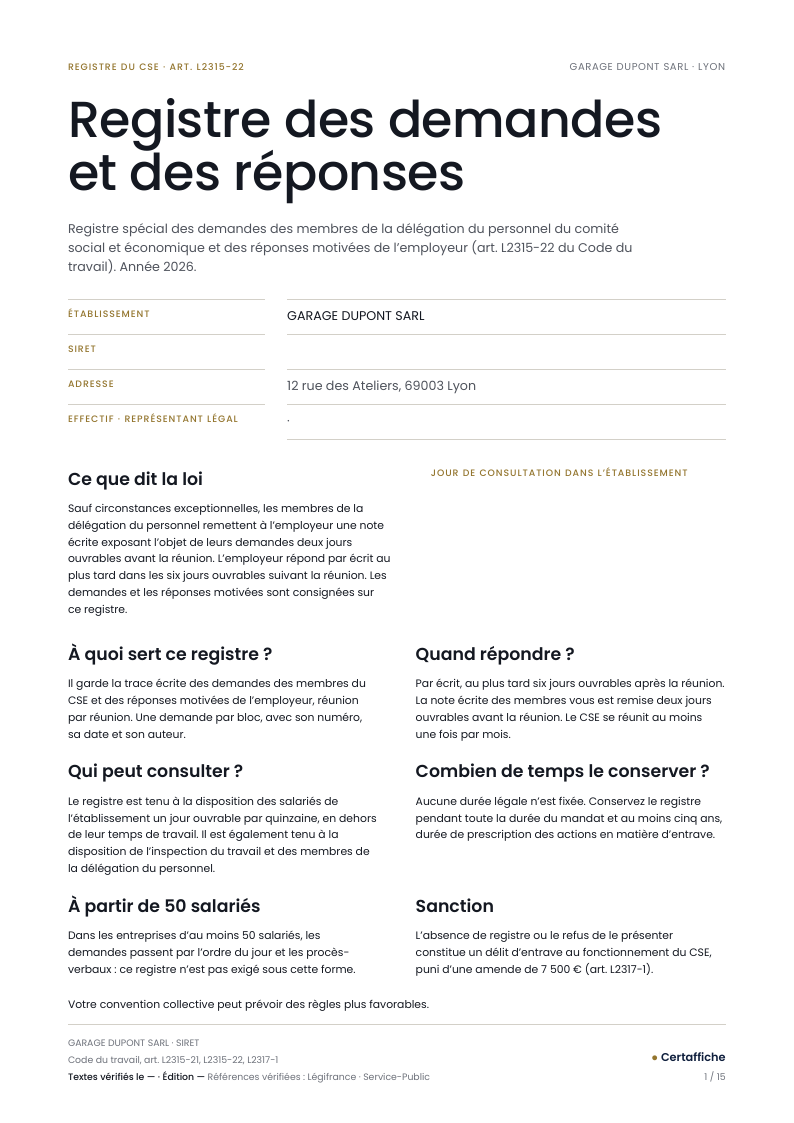 Page 1 d'un registre prérempli Certaffiche au nom de GARAGE DUPONT SARL